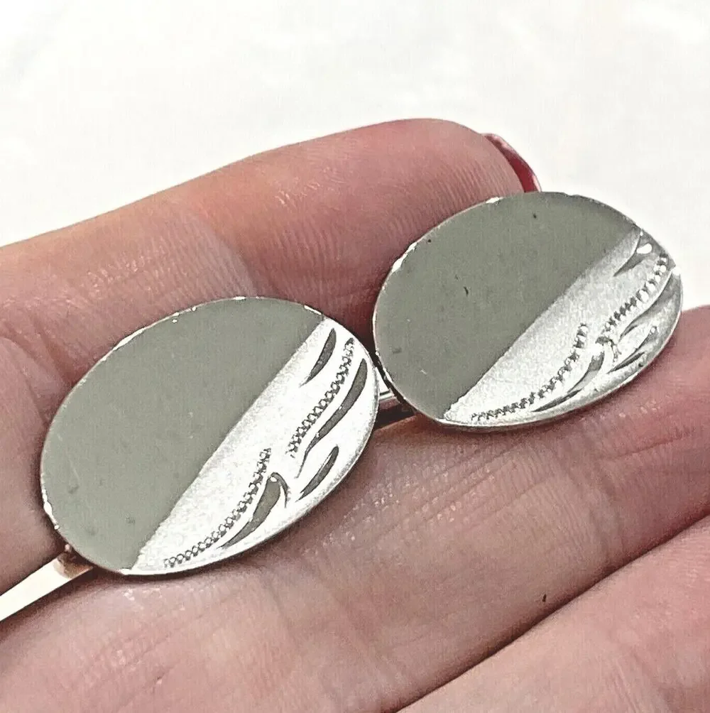 Vintage Anson Sterling cufflinks silver tone ovals etched conservative classics